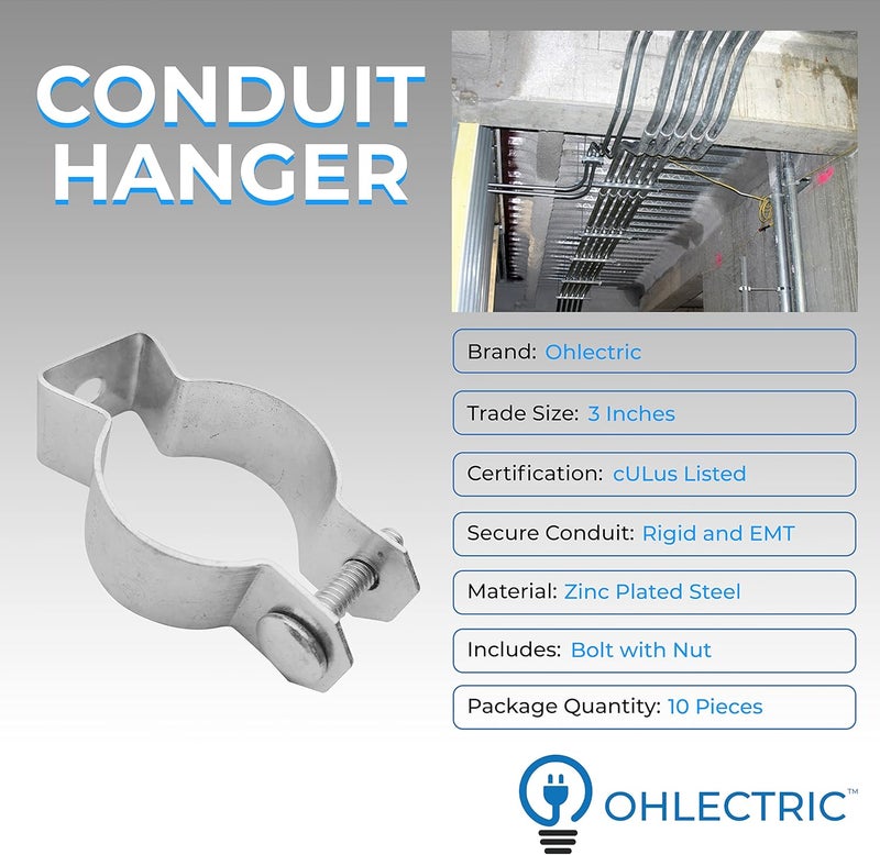 OHLECTRIC OL-08914 Zinc Plated Steel 3" EMT Conduit Hanger with Bolt- Ideal for Rigid and EMT Conduit Mounting to Surfaces, Insulated Supports or Threaded Rods- Pack of 10 - Image 2